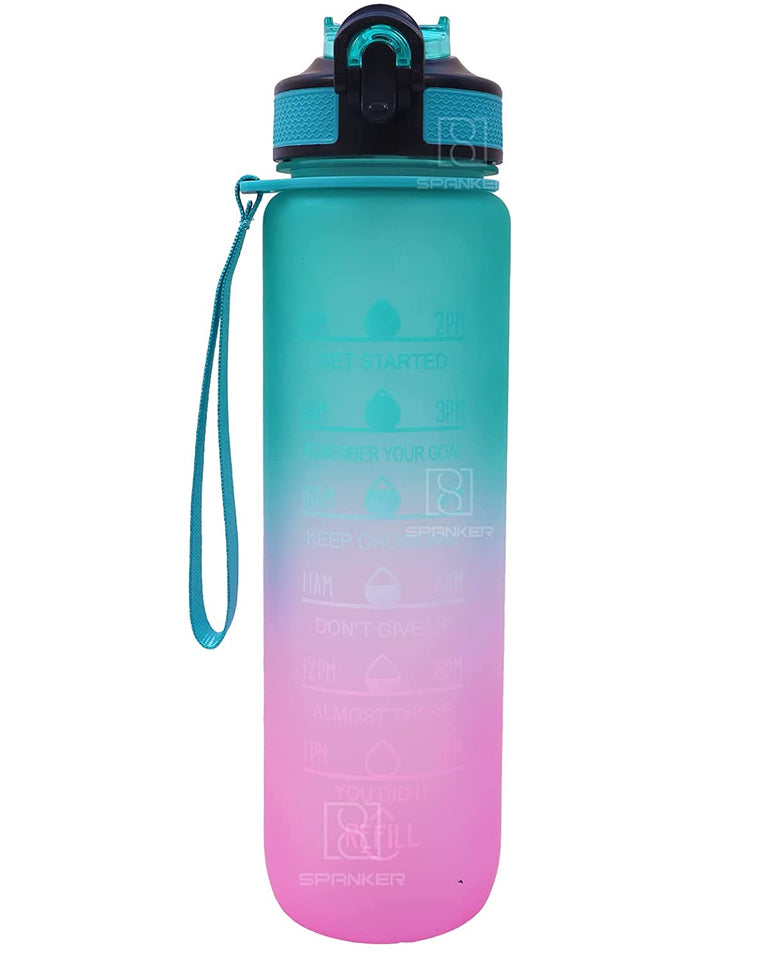 Spanker You Did It Motivational Leakproof Water Bottle with Strap 30Oz (900 ML), Time Marker, BPA Free Fitness Sports Water Bottle, Green Pink SSTP