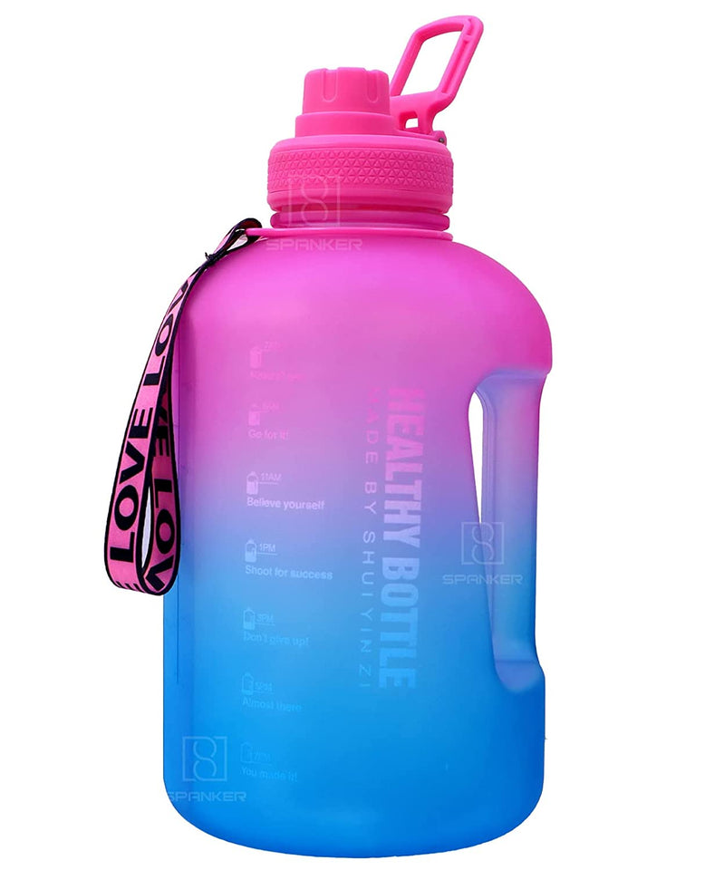 Spanker Mega Tank All In 1 Motivational Leakproof Water Bottle Gallon with Strap, Time Marker, 2300 ML, BPA Free Fitness Sports Water Bottle - Pink Blue (SSTP)