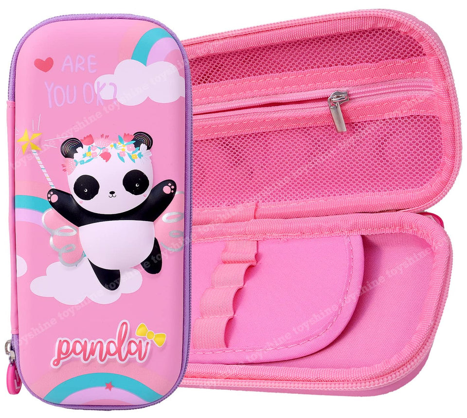 Toyshine Cute Panda Hardtop Pencil Case with Multiple Compartments - Kids School Supply Organizer Students Stationery Box - Girls Pen Pouch- Pink
